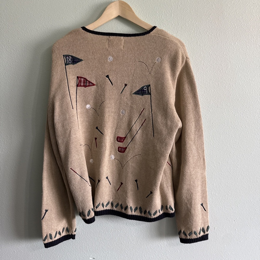 Christopher & Banks Vintage Womens Large Hand Knit Golf Themed Full Zip Cardigan - Picture 4 of 7